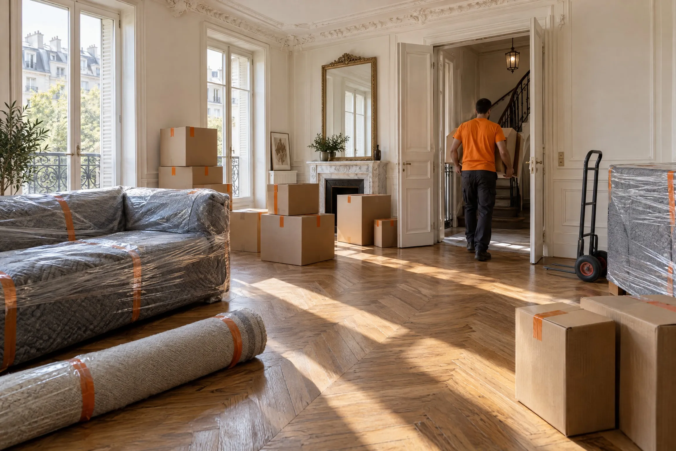 Salon parisien la veille d'un déménagement : cartons fermés, canapé et commode protégés sous couverture
