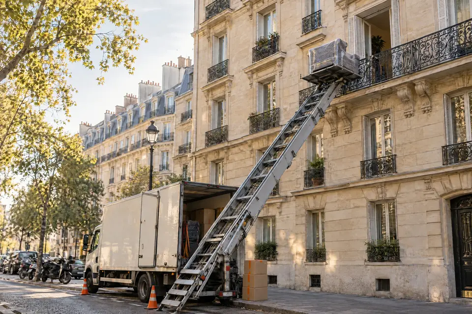 Monte-meuble déployé jusqu'au cinquième étage d'un immeuble haussmannien, cartons prêts au pied du camion
