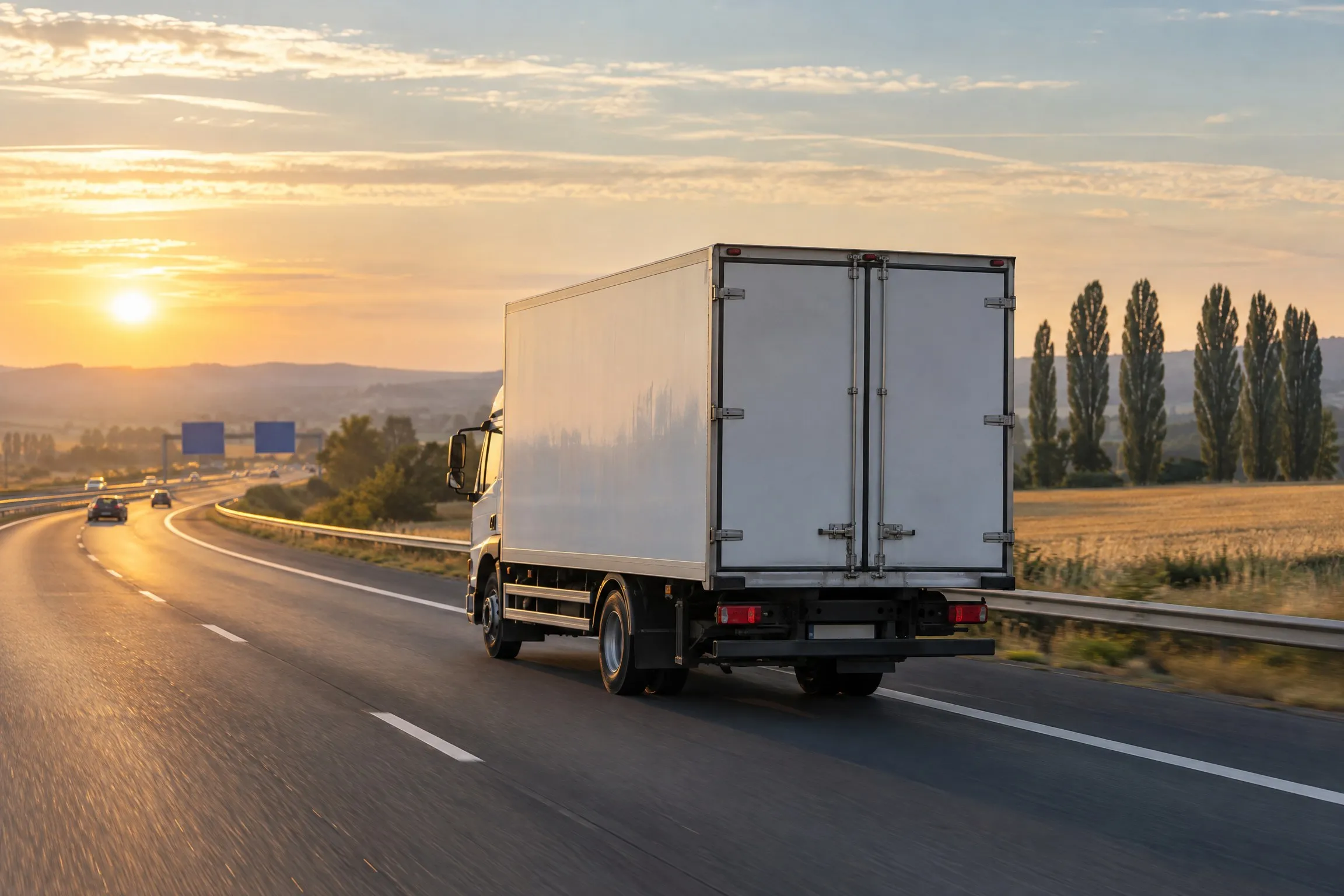 Camion de déménagement sur l'autoroute au lever du jour